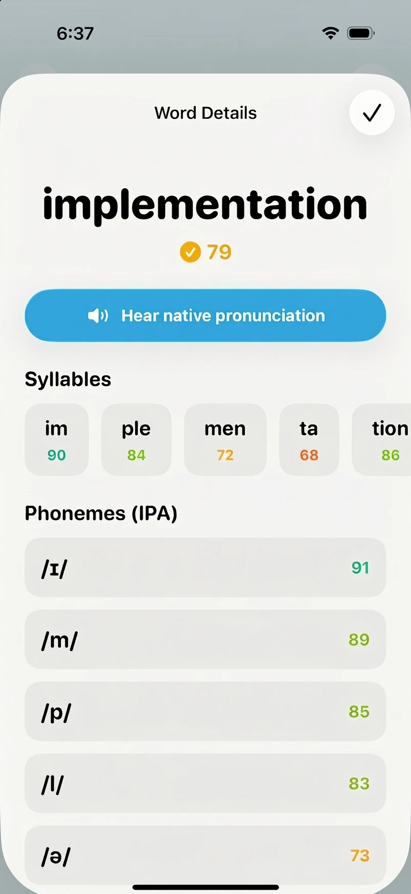 Vernato app: Word and phoneme feedback example